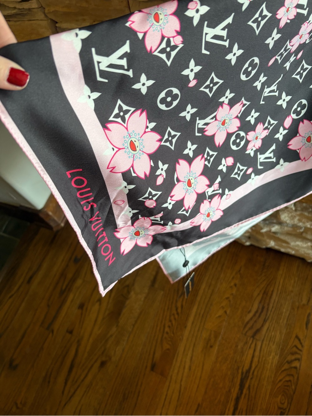 Louis Vuitton Black and Pink Monogram Floral Scarf/Wrap, NWT